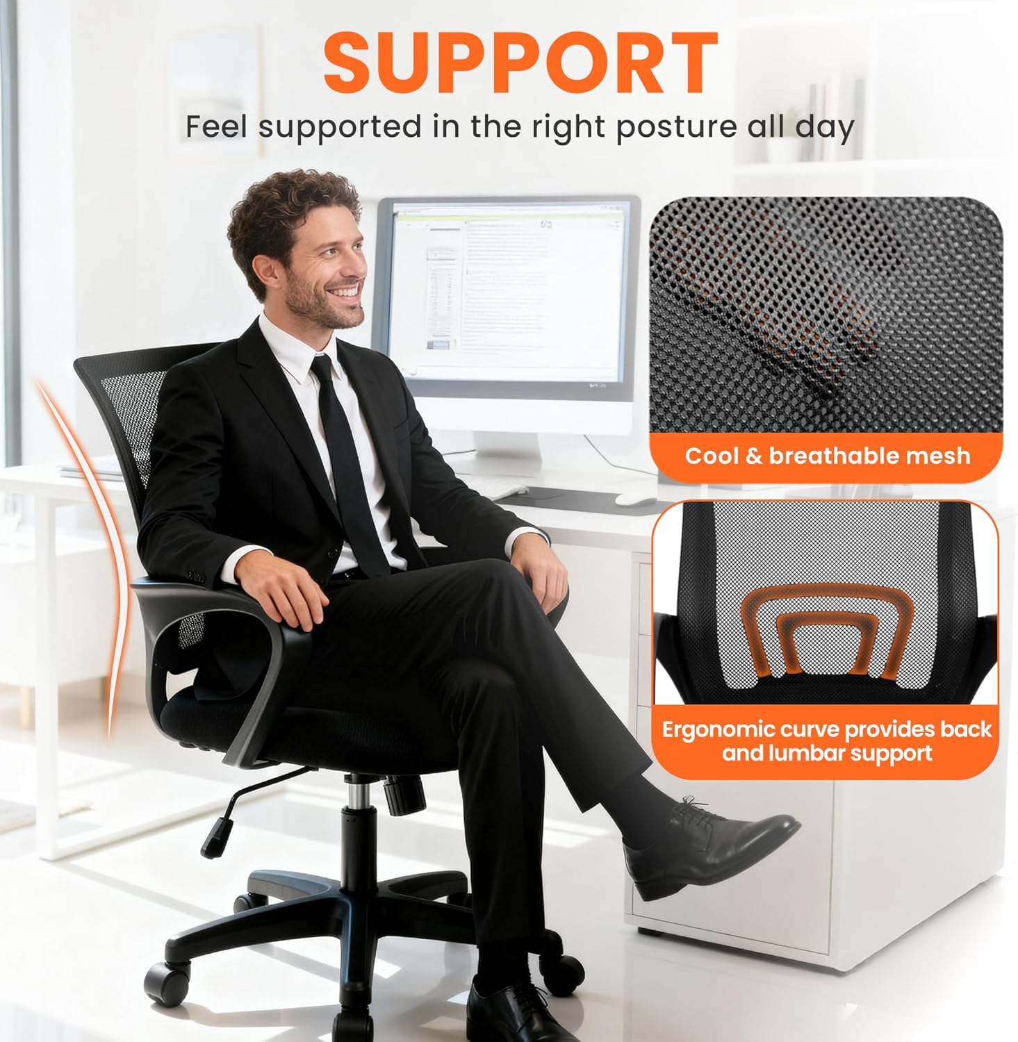 인체공학적 메쉬 사무용 의자, 요추 지지대, 높이 조절 - Office Chair 리뷰 및 가격